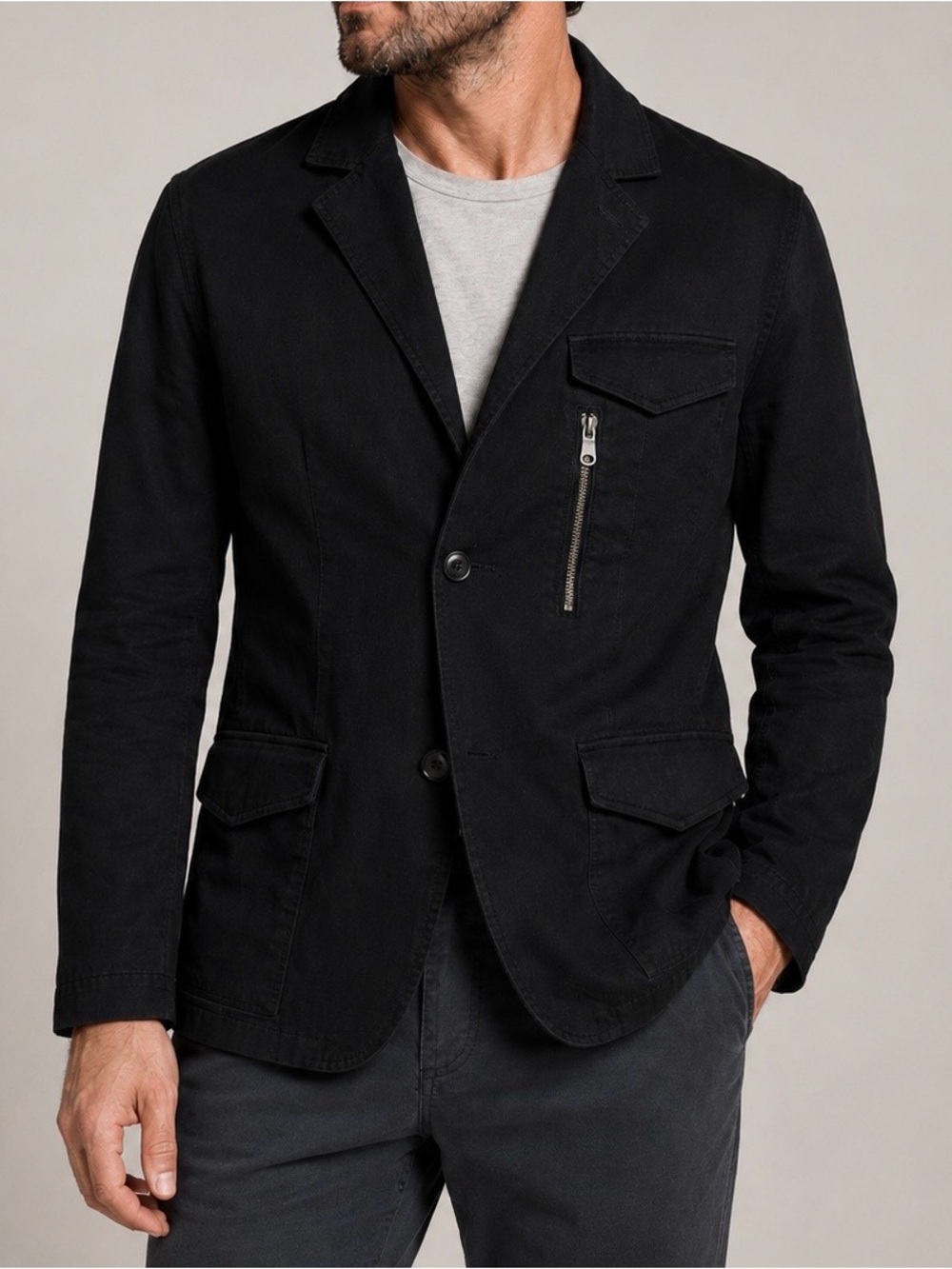 Avirex Black Utility Military Blazer Jacket Zip Pocket Stretch Cotton Size M